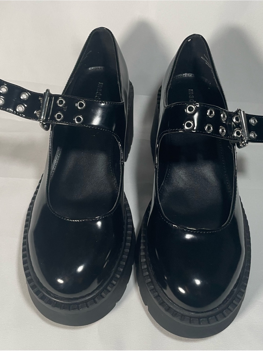Madden Girl Black Patent Mary Jane Loafers with Grommet Strap